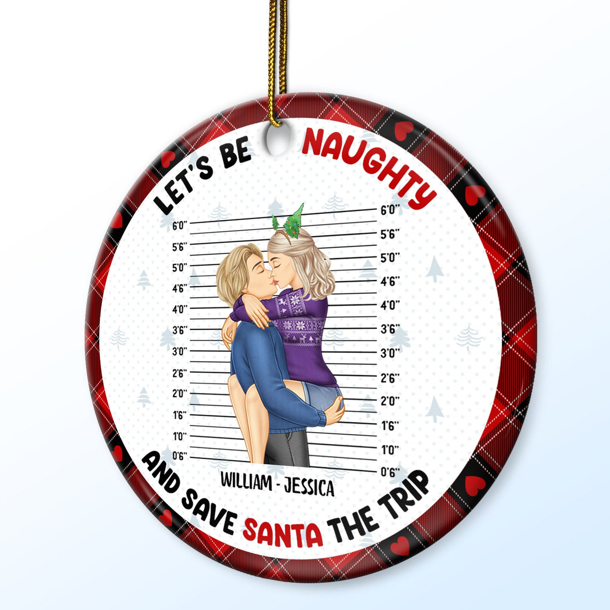 Christmas Couple Let's Be Naughty And Save Santa The Trip - Gift For Couples - Personalized Circle Ceramic Ornament