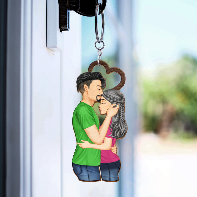 Couple Side View We're A Team - Gift For Couples - Personalized Cutout Wooden Keychain 2 Sides