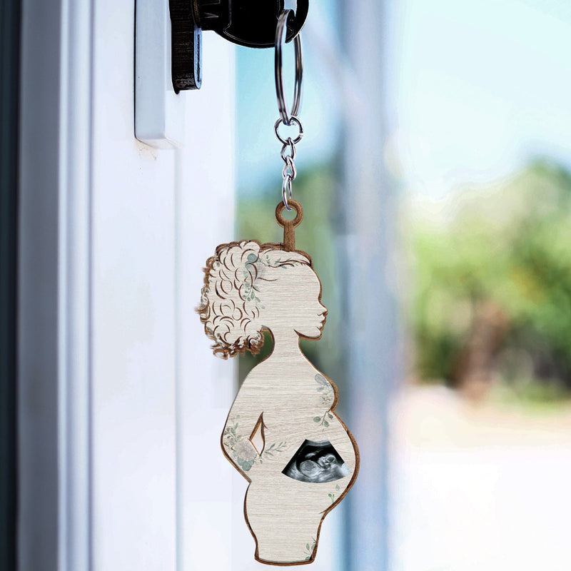 Custom Photo Pregnant Mom - Gift For Pregnant Mom - Personalized Cutout Wooden Keychain