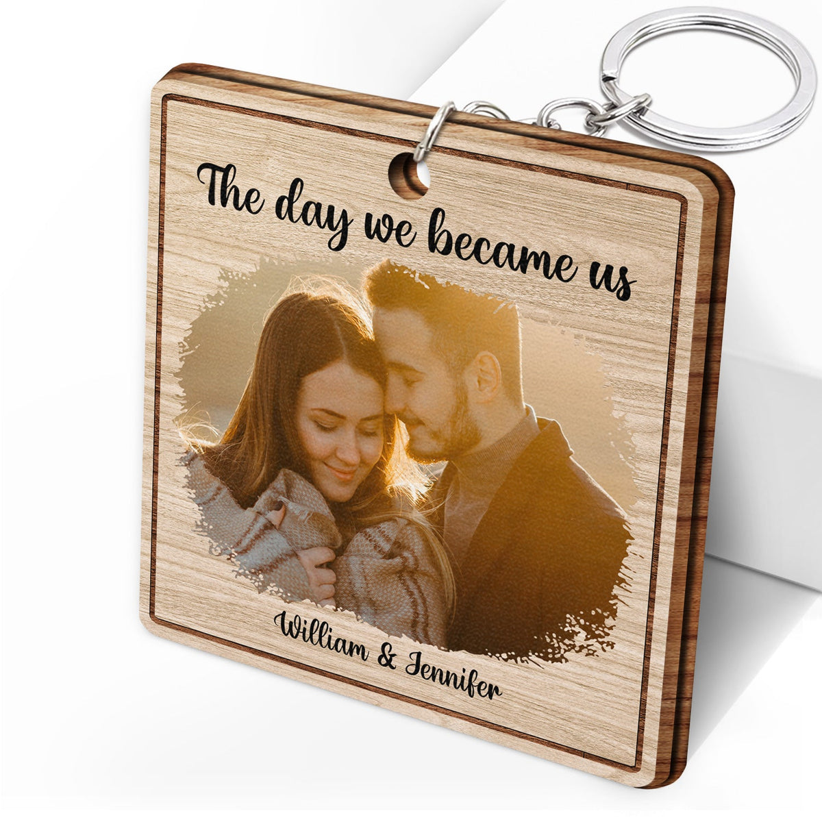 Custom Photo The Day We Became Us - Gift For Couples - Personalized Wooden Keychain