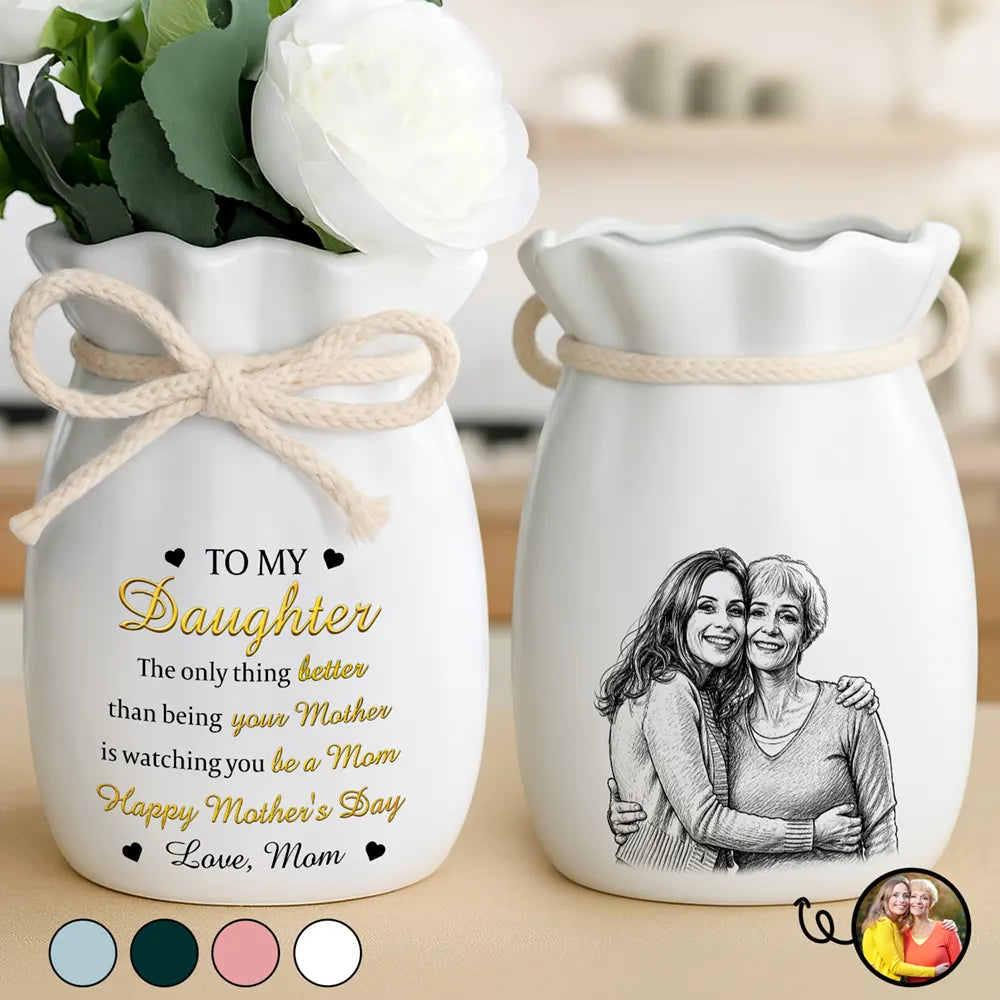 Custom Photo Pencil Sketch Watching You Be A Mom - Personalized Ribbon Tie Flower Vase