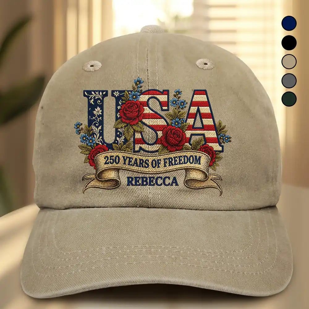 America 250th,Gift For Women,Happy,Gift For Mother,Gift For Grandma - Floral USA 250th Anniversary - Personalized Vintage Washed Denim Cap