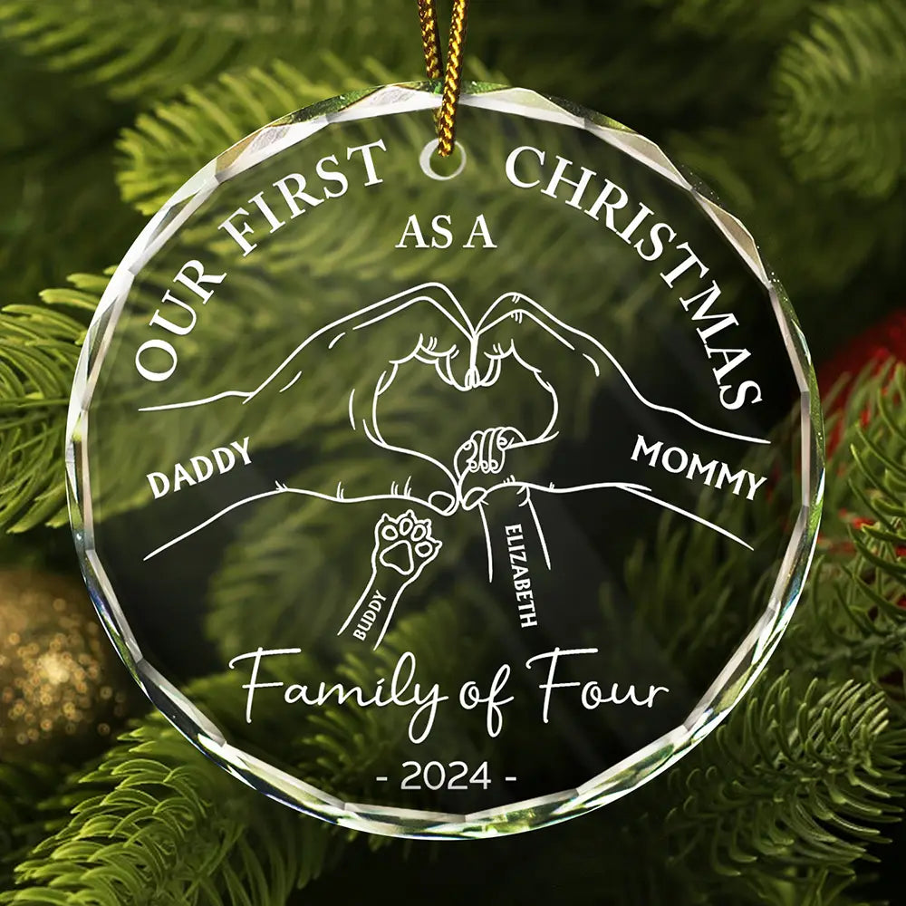 First Christmas As A Family Of Four Holding Hands - Personalized Circle Glass Ornament