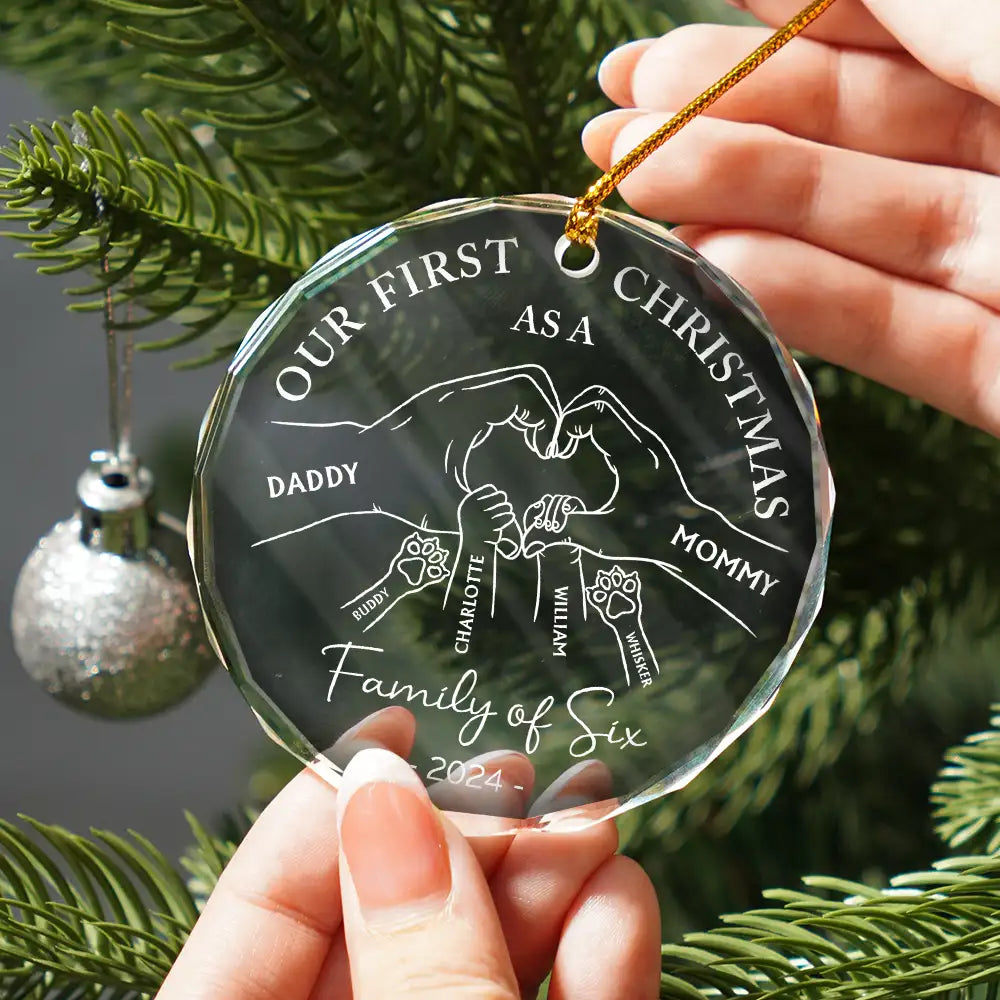 Family - First Christmas As A Family Of Four Holding Hands - Personalized Circle Glass Ornament