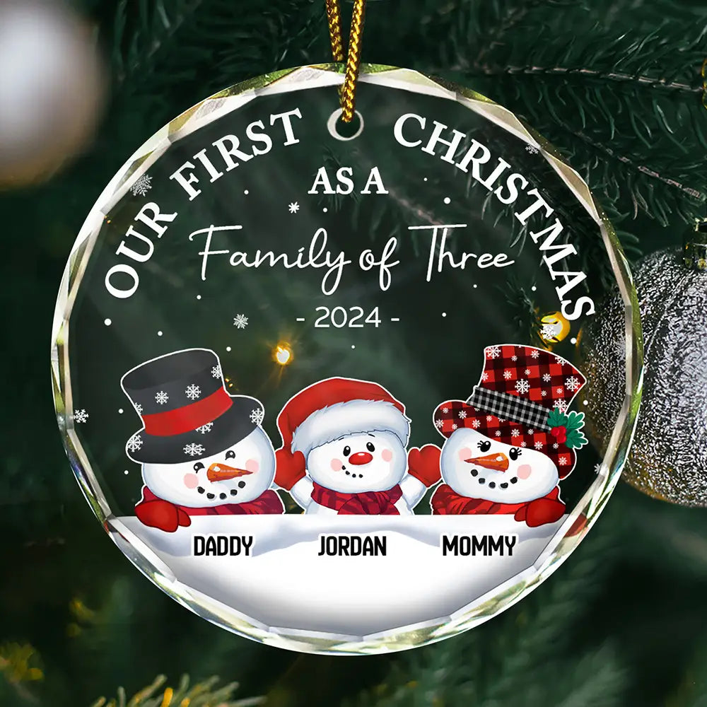 First Christmas As A Family Of Three Snowman - Personalized Circle Glass Ornament