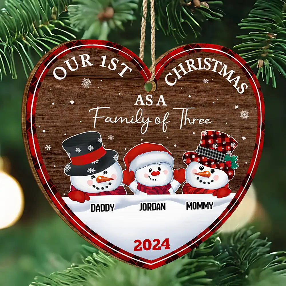 First Christmas As A Family Of Three Snowman - Personalized Custom Shaped Wooden Ornament