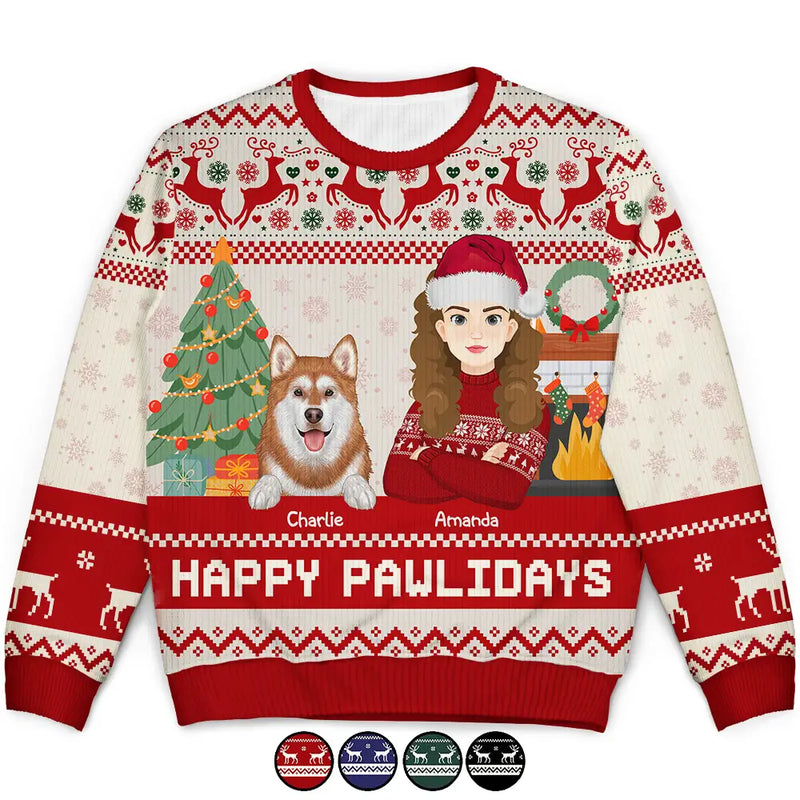 Pet Lovers, Cat Lovers, Dog Lovers - Happy Pawlidays Dog And Cat Lover Flat Art - Personalized Unisex Ugly Sweater