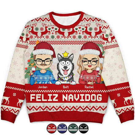 Happy Pawlidays Dog And Cat Couple Chibi - Personalized Unisex Ugly Sweater
