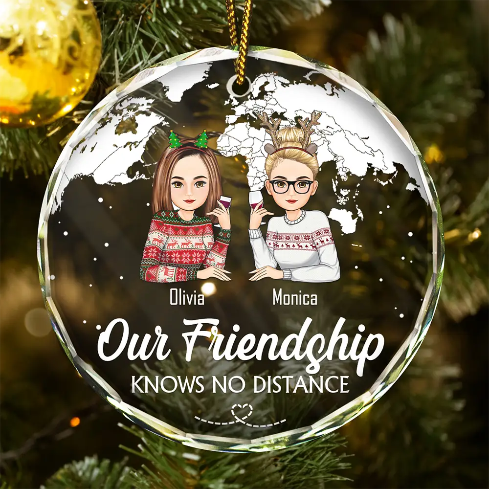Our Friendship Knows No Distance Cartoon Bestie - Personalized Circle Glass Ornament
