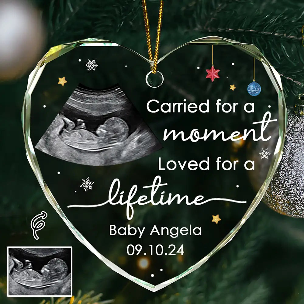 Family, Parents, Memorial, New baby - Custom Photo Carried For A Moment Infant Loss Baby Memorial - Personalized Heart Shaped Glass Ornament
