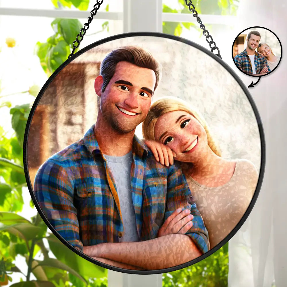 Love,Gift For Husband,Gift For Wife,Gift For Boyfriend,Gift For Girlfriend,Gift For Couples - Custom Photo Cartoon Portrait Loving Couple - Personalized Stained Glass Window Hanging Suncatcher