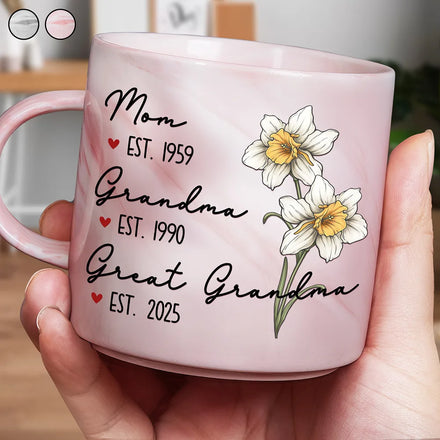 Mom Grandma Great Grandma Birth Flower - Personalized Marble Mug