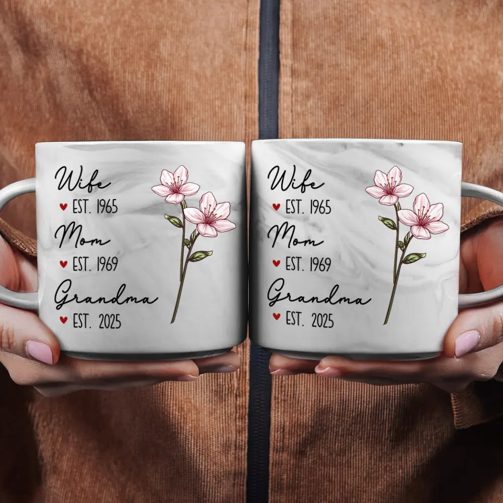 Gift For Grandma, Love, Gift For Mother, Gift For Wife - Mom Grandma Great Grandma Birth Flower - Personalized Marble Mug