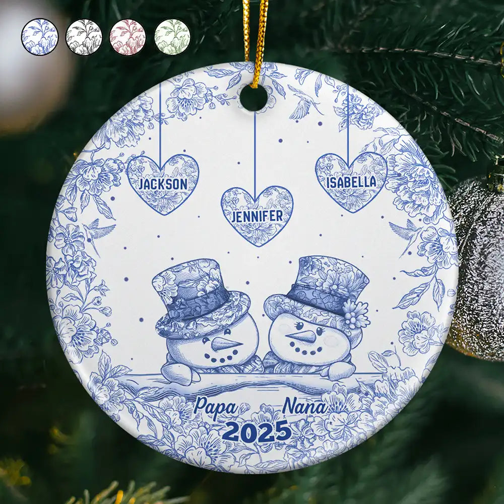 Papa Nana Snowman Christmas Grandparents Toile - Personalized Circle Ceramic Ornament
