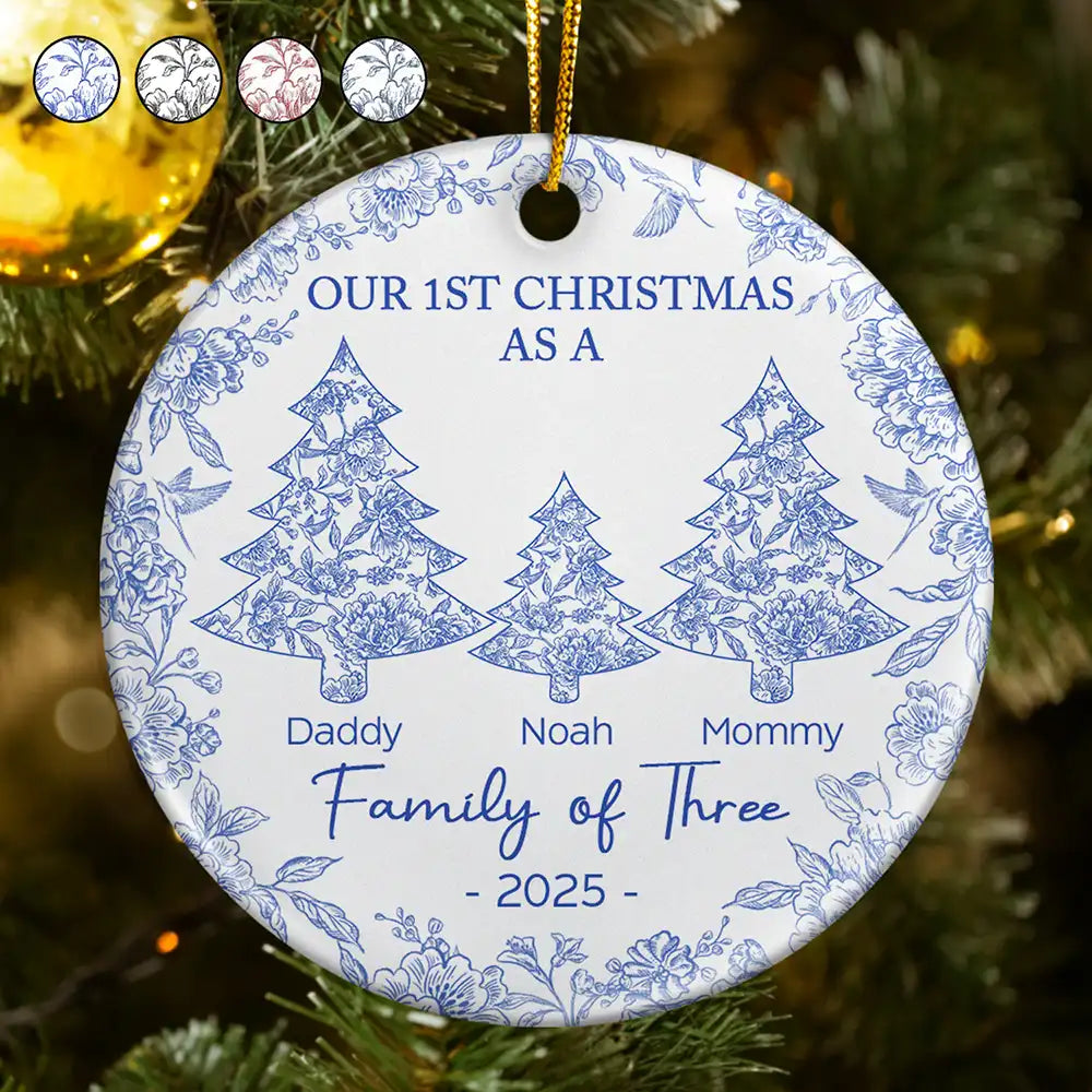 First Christmas As A Family Of Three Toile - Personalized Circle Ceramic Ornament