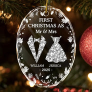 Love, Christmas, Gift For Wife, Gift For Husband, Gift For Couples, Married, Engaged, Wedding - First Christmas As Mr & Mrs - Personalized Oval Glass Ornament