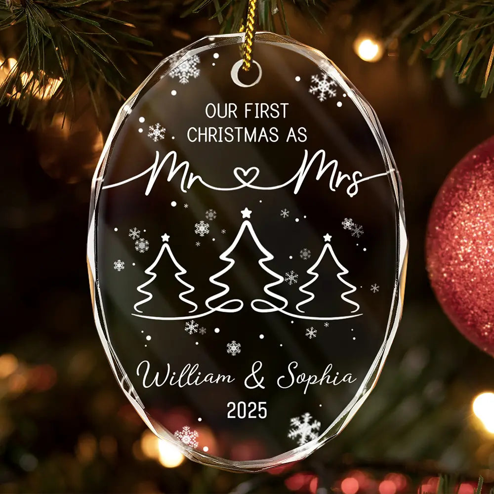 First Christmas As Mr & Mrs Pine Tree - Personalized Oval Glass Ornament