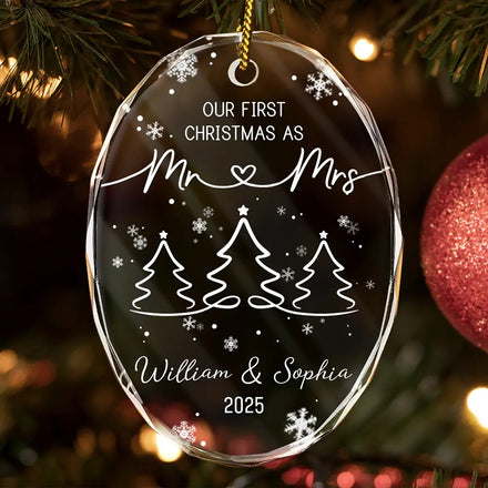 First Christmas As Mr & Mrs Pine Tree - Personalized Oval Glass Ornament