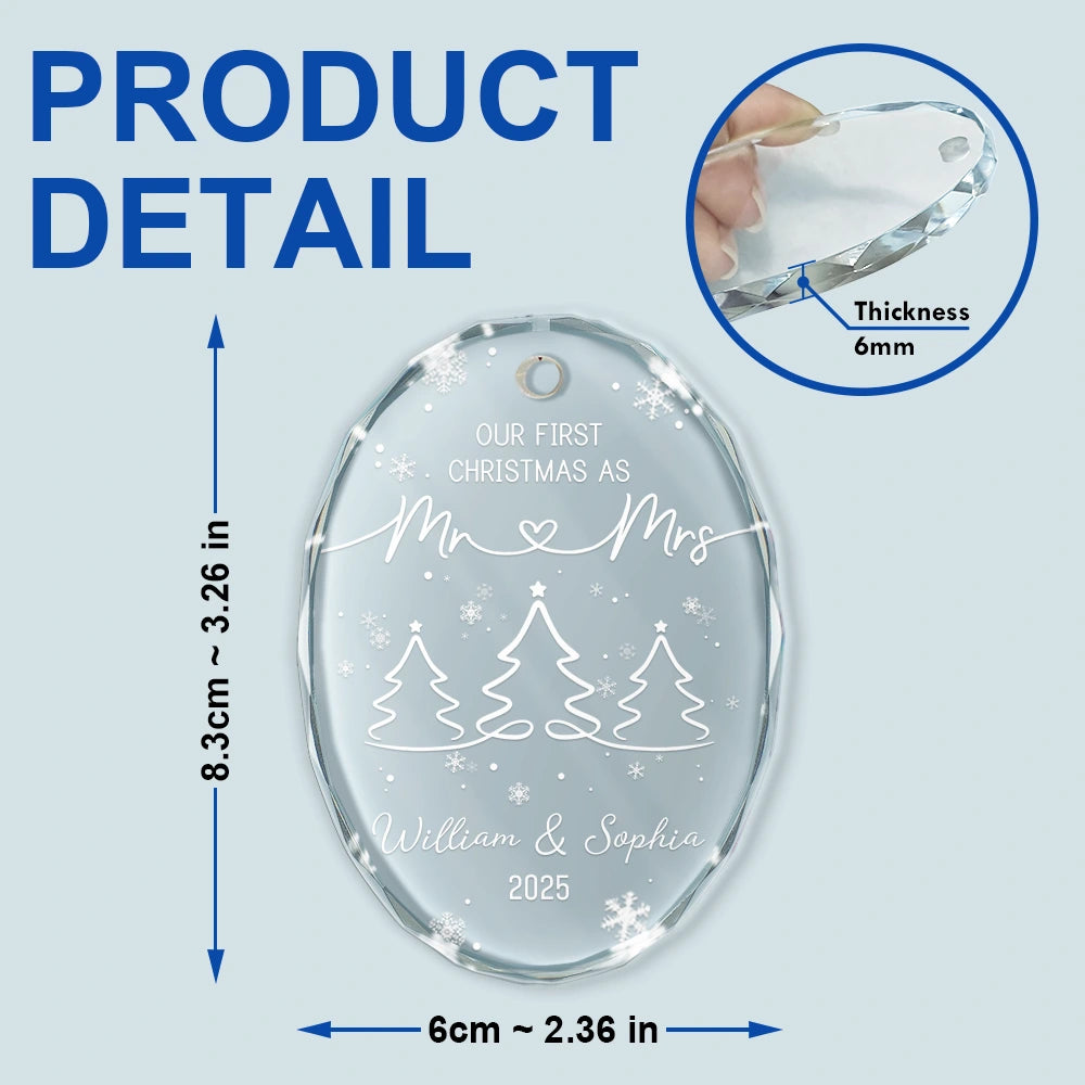 Love,Christmas,Gift For Wife,Gift For Husband,Gift For Couples,Married ,Engaged,Wedding - First Christmas As Mr & Mrs Pine Tree - Personalized Oval Glass Ornament