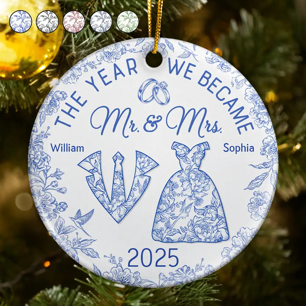 The Year We Became Mr & Mrs Toile - Personalized Circle Ceramic Ornament