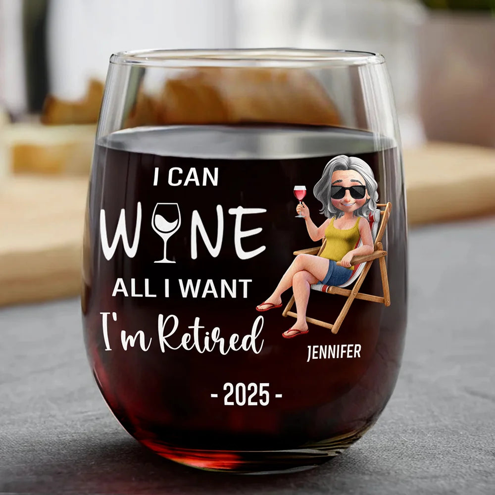 I Can Wine All I Want I'm Retired Cartoon - Personalized Stemless Wine Glass