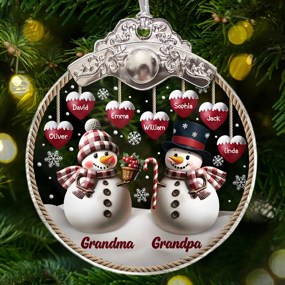 Snowman Grandma Grandpa Grandkids - Personalized Glass Ornament With Silver Cap