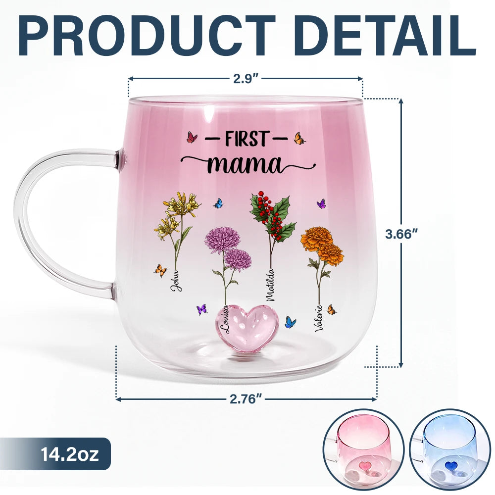 Love,Gift For Wife,Gift For Mother,Gift For Grandma,Gift For Sisters - First Mom Now Grandma Birth Flowers - Personalized Gradient Glass Mug