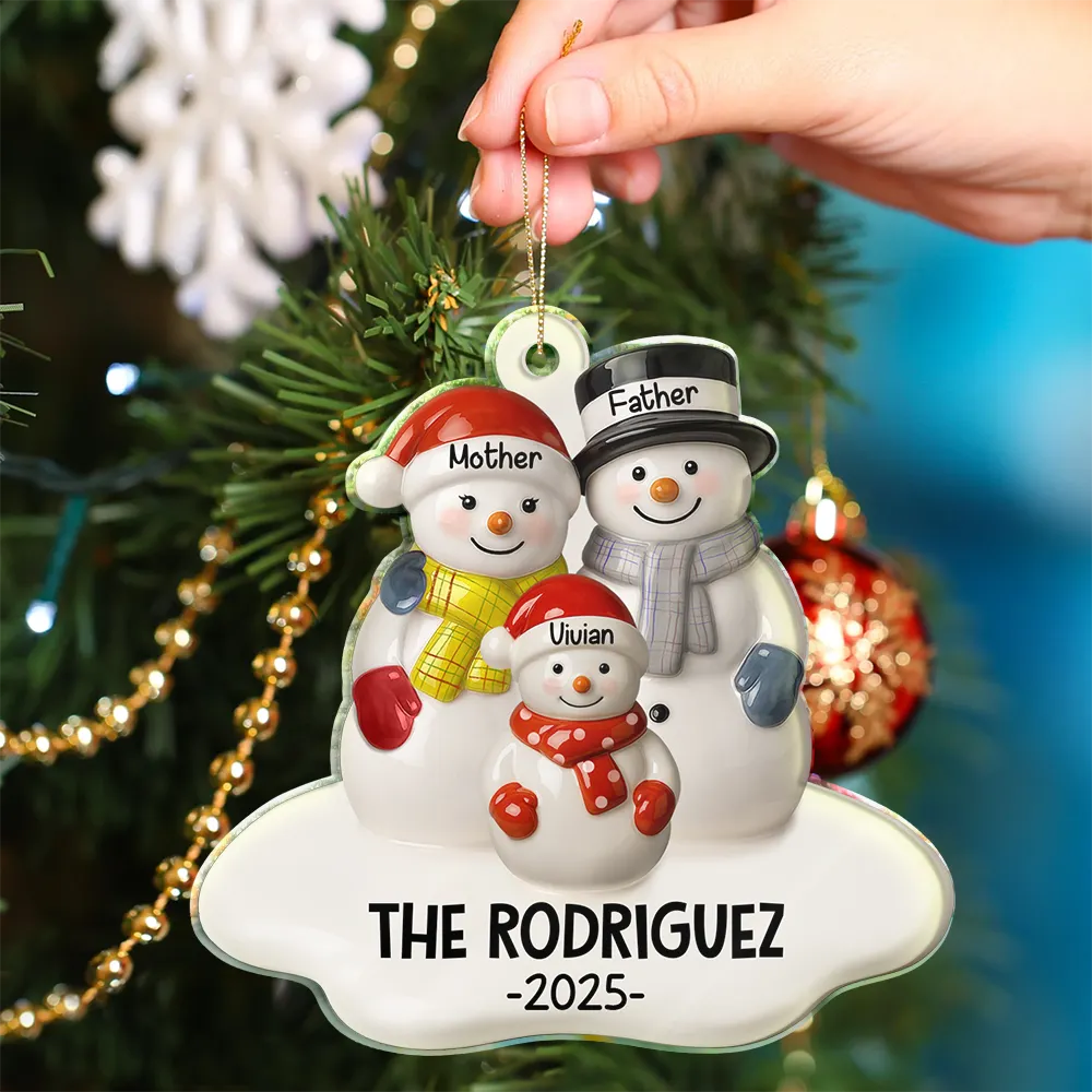 Christmas,Family,Parents,Gift For Grandparents,Married ,Gift For Couples,Happy - Snowman Family Ceramic Effect - Personalized Custom Shaped Acrylic Ornament