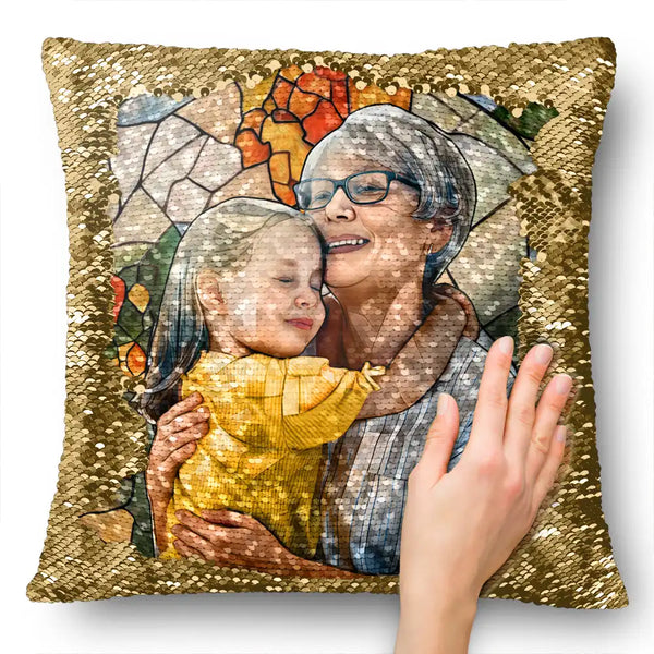 Gift For Couples,Happy,Family,Pet Lovers,Gift For Bestie,Gift For Grandparents,Parents,Gift For Grandma,Gift For Mother - Custom Photo Glass Portrait Mom Grandma Parents Family - Personalized Sequin Pillow, Mermaid Sequin Cushion Magic Reversible Throw Pillow