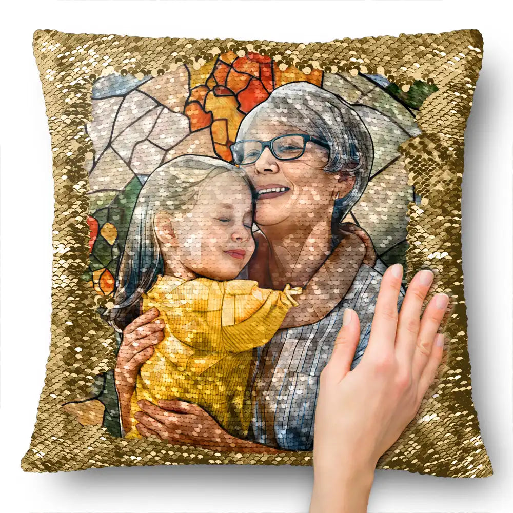 Gift For Couples,Happy,Family,Pet Lovers,Gift For Bestie,Gift For Grandparents,Parents,Gift For Grandma,Gift For Mother - Custom Photo Glass Portrait Mom Grandma Parents Family - Personalized Sequin Pillow, Mermaid Sequin Cushion Magic Reversible Throw Pillow