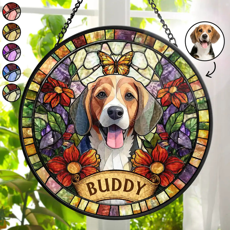 Happy,Dog Lovers,Pet Lovers,Cat Lovers - Custom Photo Stained Glass Portrait Dog Cat Family - Personalized Stained Glass Window Hanging Suncatcher