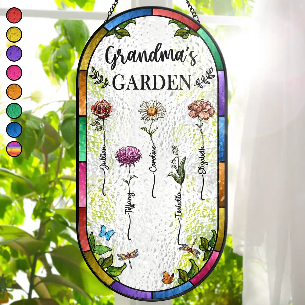 Birth Flower Grandma's Garden - Personalized Rounded Rectangle Stained Glass Suncatcher