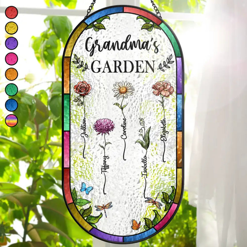 Gift For Wife,Gift For Mother,Gift For Grandma,Happy - Birth Flower Grandma's Garden - Personalized Rounded Rectangle Stained Glass Suncatcher