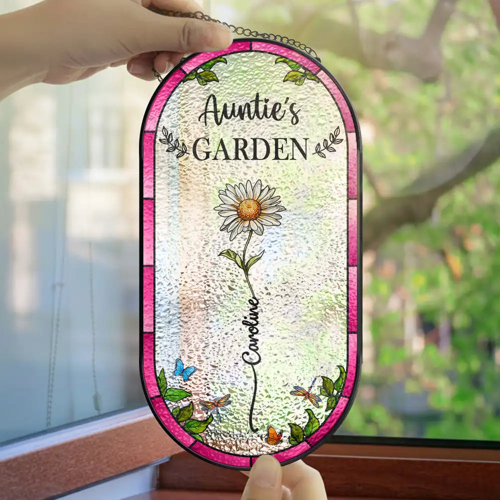 Gift For Wife,Gift For Mother,Gift For Grandma,Happy - Birth Flower Grandma's Garden - Personalized Rounded Rectangle Stained Glass Suncatcher