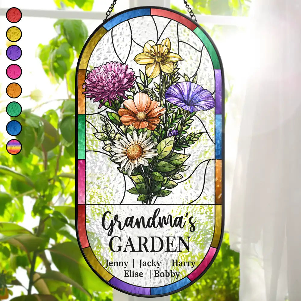 Birth Flower Bouquet Grandma's Garden - Personalized Rounded Rectangle Stained Glass Suncatcher