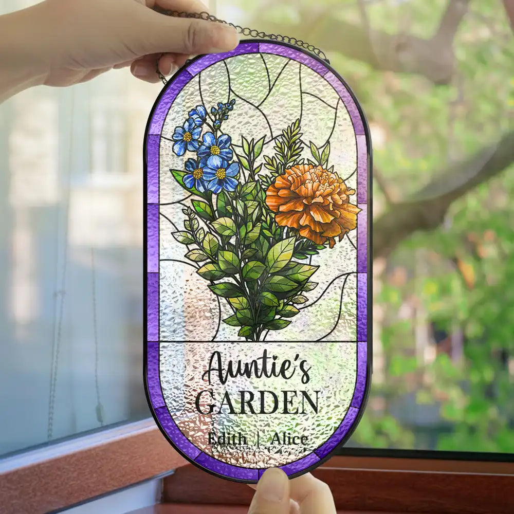 Gift For Wife,Gift For Mother,Gift For Grandma,Happy - Birth Flower Bouquet Grandma's Garden - Personalized Rounded Rectangle Stained Glass Suncatcher