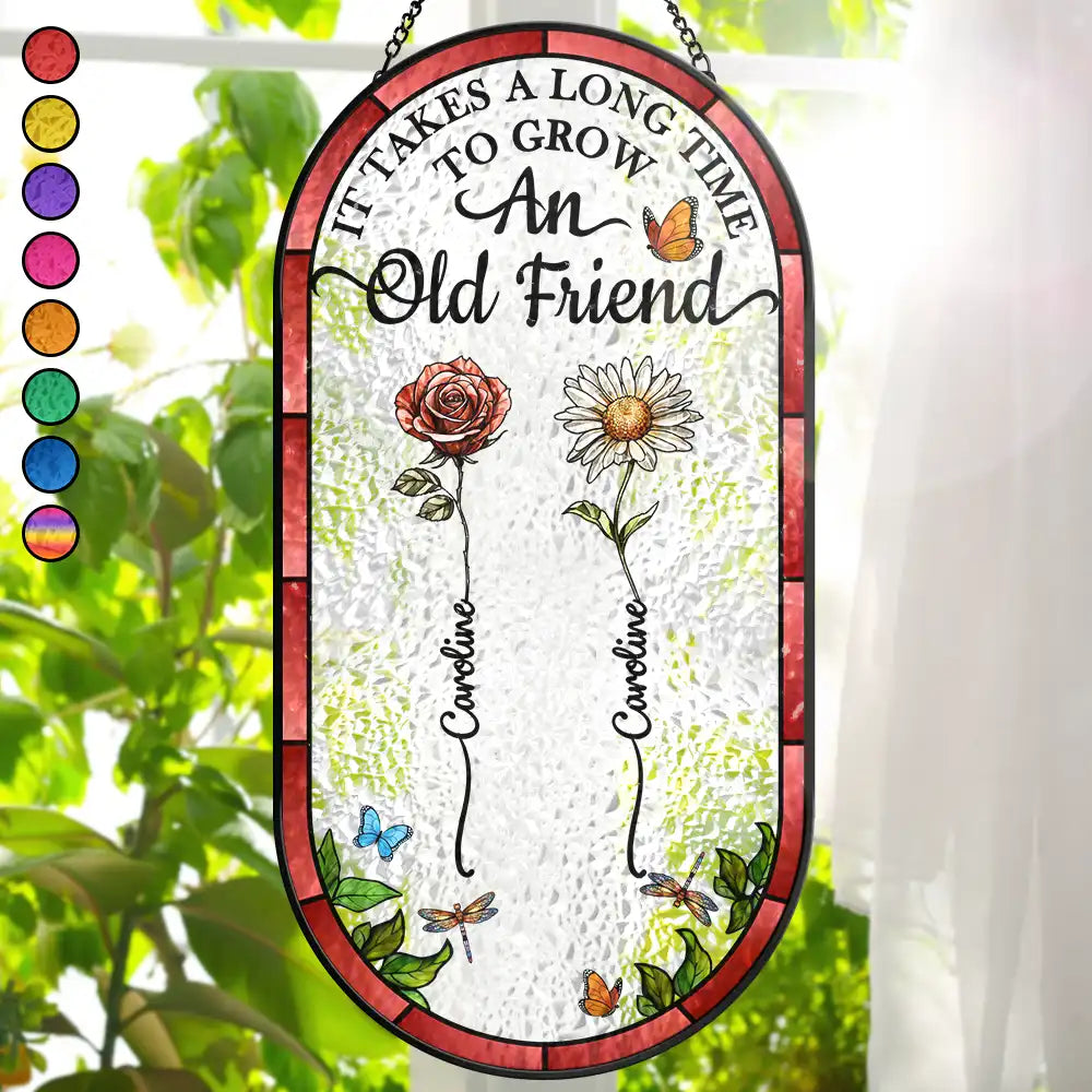 Birth Flower Grow An Old Friend - Personalized Rounded Rectangle Stained Glass Suncatcher