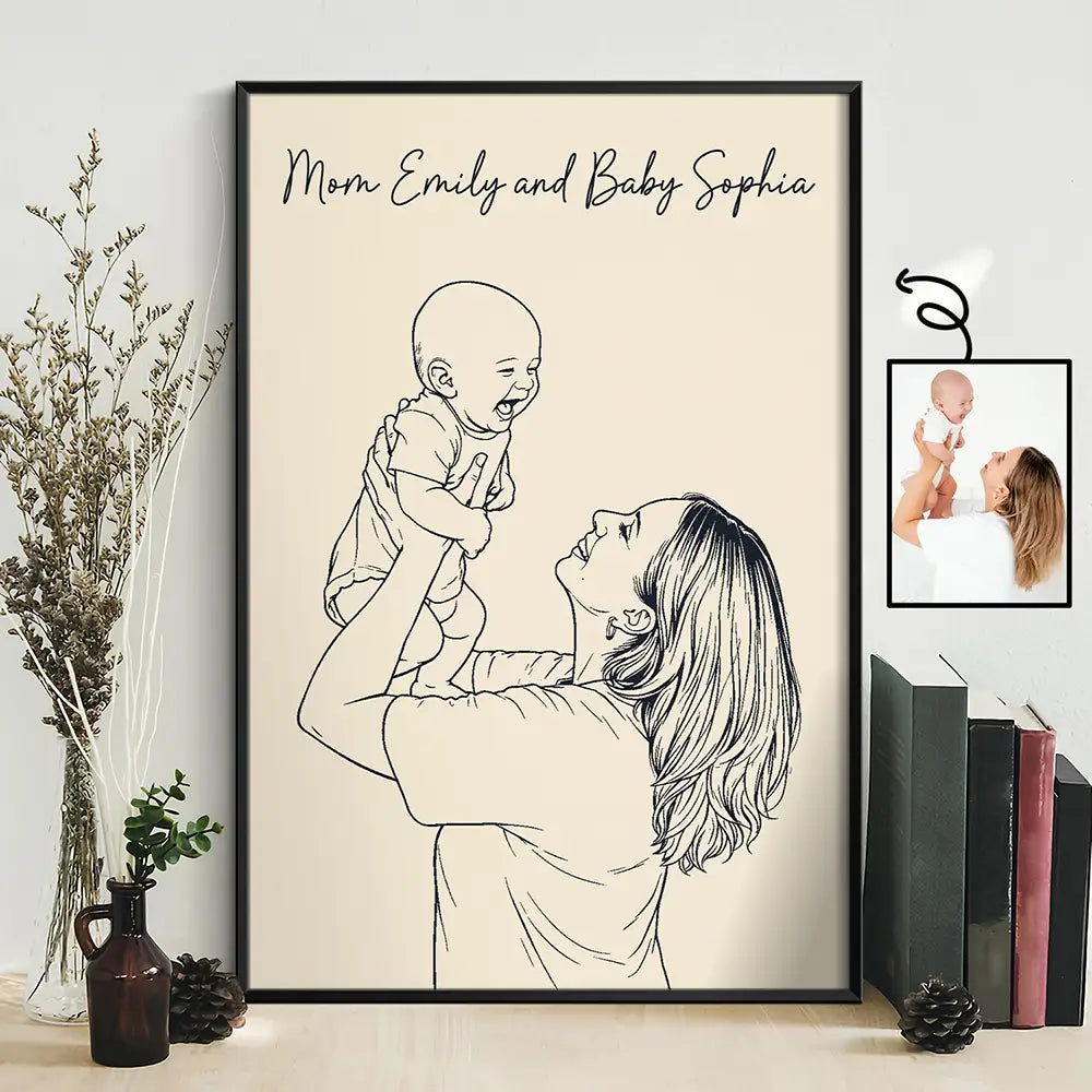 Gift For Mother,Family,Love - Custom Photo Outline Sketch Mom Baby Family Portrait Line Art - Personalized Poster