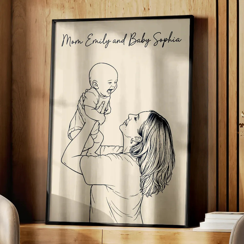 Gift For Mother,Family,Love - Custom Photo Outline Sketch Mom Baby Family Portrait Line Art - Personalized Poster