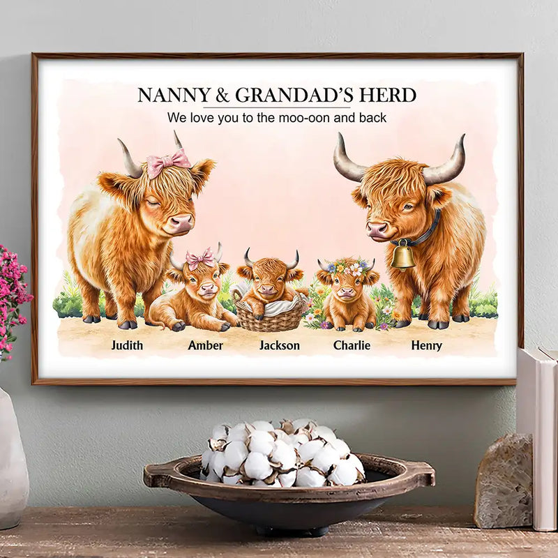 Gift For Grandma,Gift For Grandpa,Love - Grandma Grandpa I Love You To The Moo-oon And Back Highland Cow - Personalized Poster