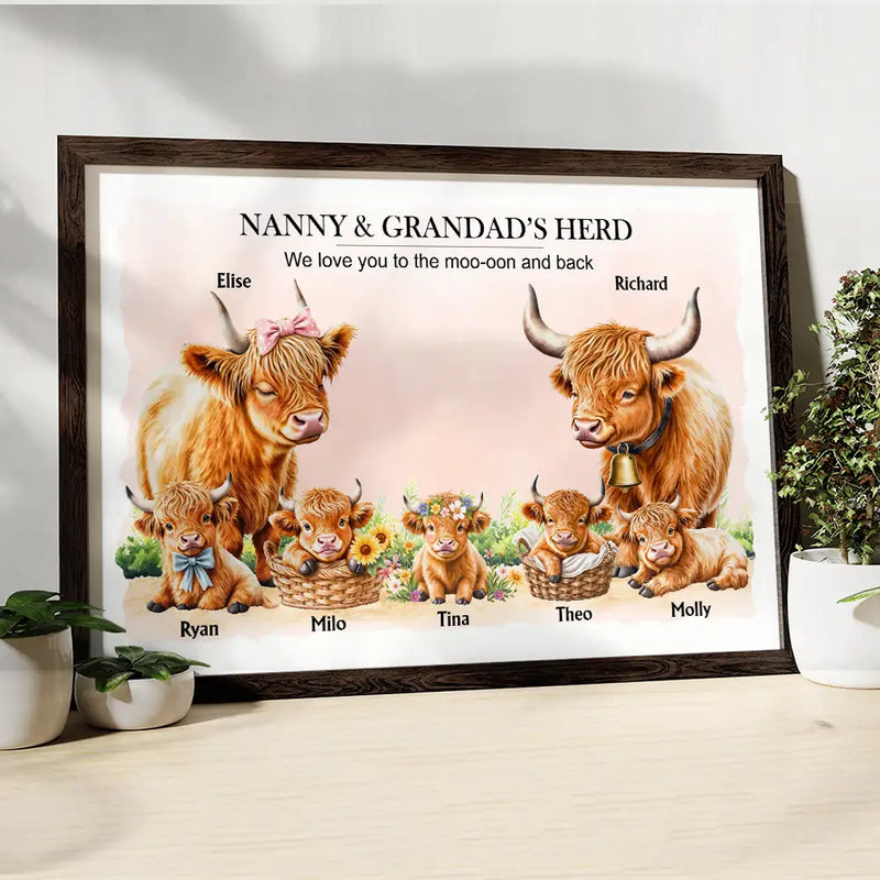 Gift For Grandma,Gift For Grandpa,Love - Grandma Grandpa I Love You To The Moo-oon And Back Highland Cow - Personalized Poster