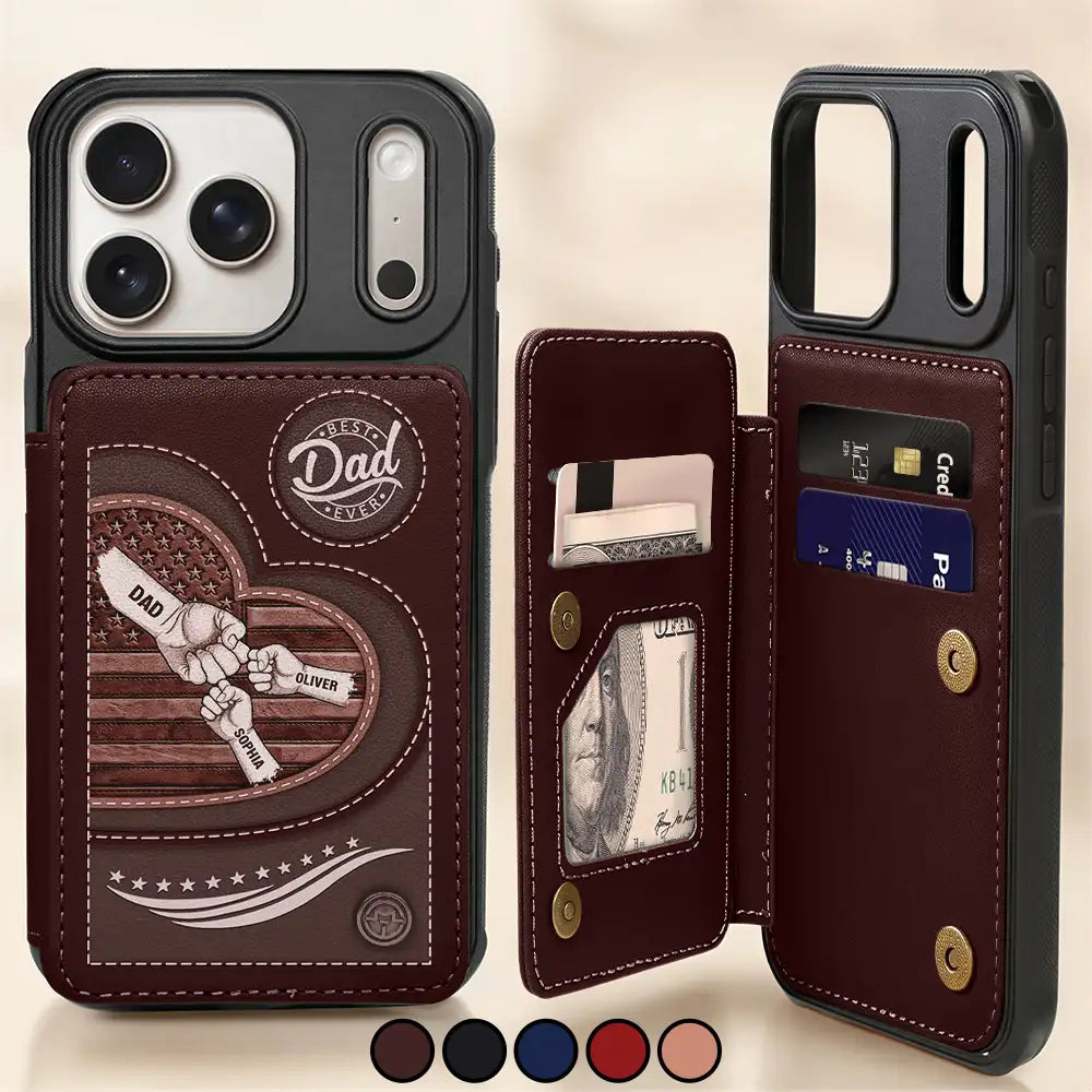 Gift For Husband,Gift For Yourself,Gift For Men,Gift For Grandpa,Gift For Father,America 250th,Independence Day,Love,Icon,Proud - American Dad Grandpa And Kids Fist Bump - Personalized Leather Flip Wallet Phone Case