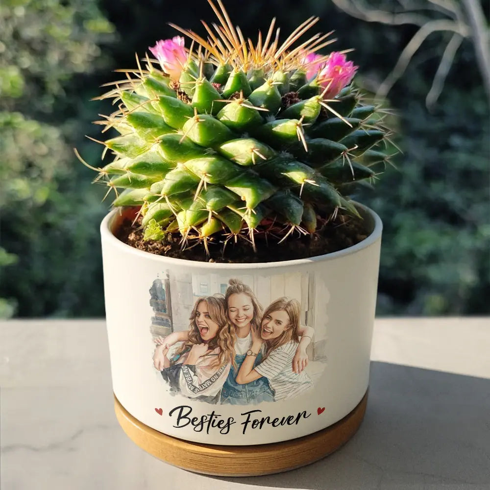 Gift For Bestie,Old Best friends,Happy - Custom Photo Watercolor Painting A True Friendship Is A Journey Without An End - Personalized Ceramic Plant Pot