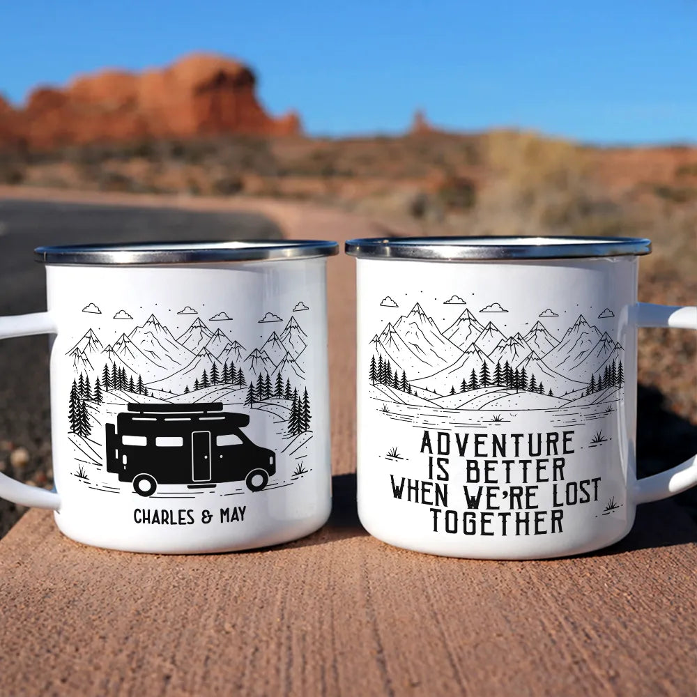 Gift For Couples,Old Couples,Gift For Husband,Gift For Wife,Gift For Boyfriend,Gift For Girlfriend,Happy - Making Memories One Campsite At A Time - Personalized Enamel Mug