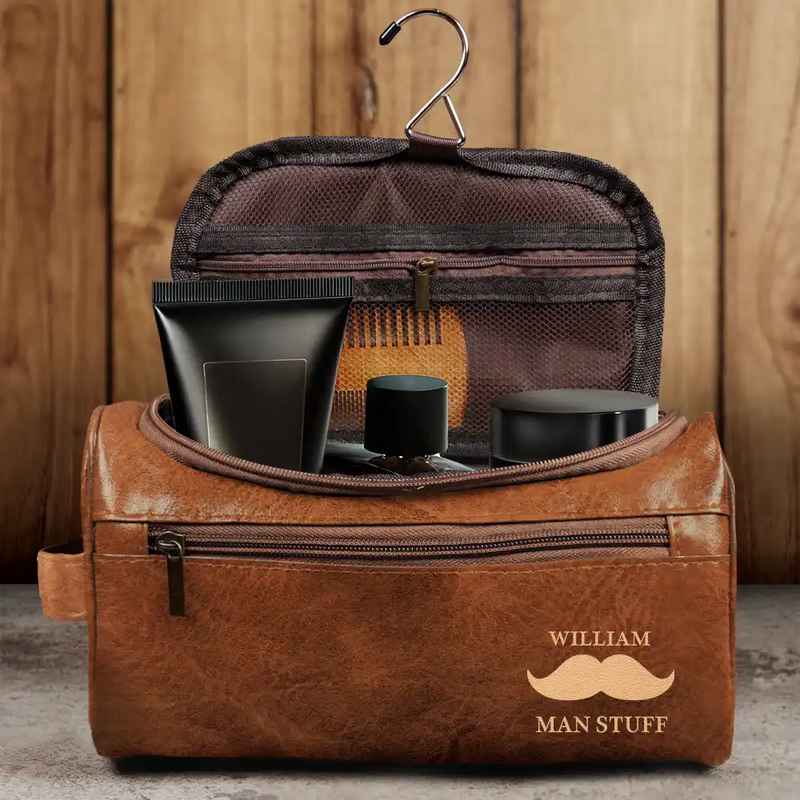 Gift For Husband, Gift For Boyfriend, Gift For Men, Happy - Man Crap Man Stuff Monogram - Personalized Leather Toiletry Bag