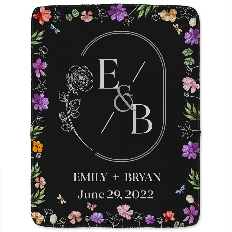 Gift For Couples, Wedding Anniversary, Married, Love - Married Couple Birth Flower Letter - Personalized Fleece Blanket, Sherpa Blanket
