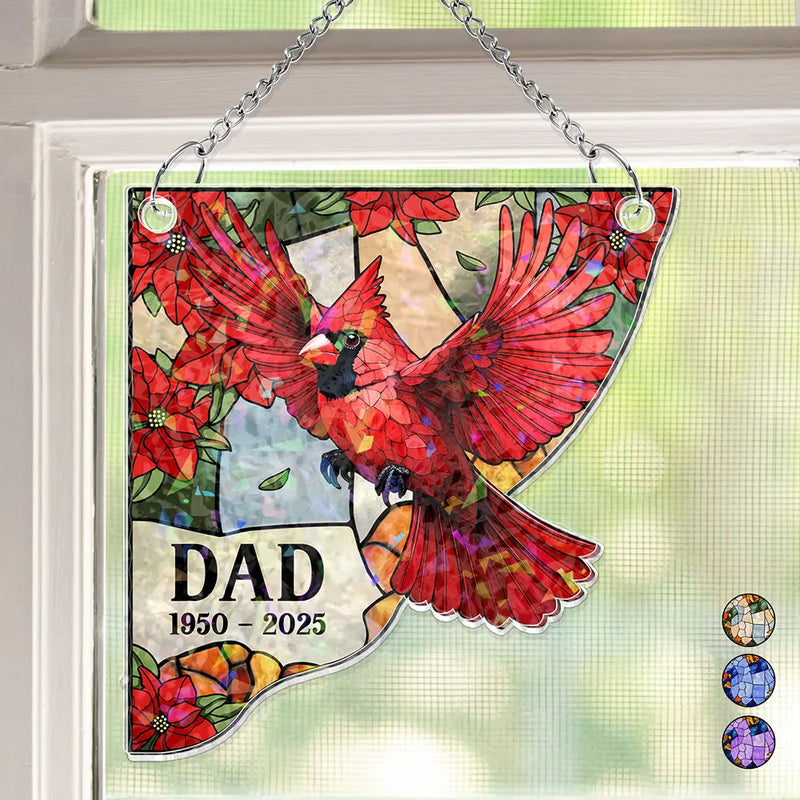 Sad, Memorial, Family, Parents, Gift For Grandparents, Gift For Sibling - Memorial Bird Family Dad Mom - Personalized Window Corner Suncatcher