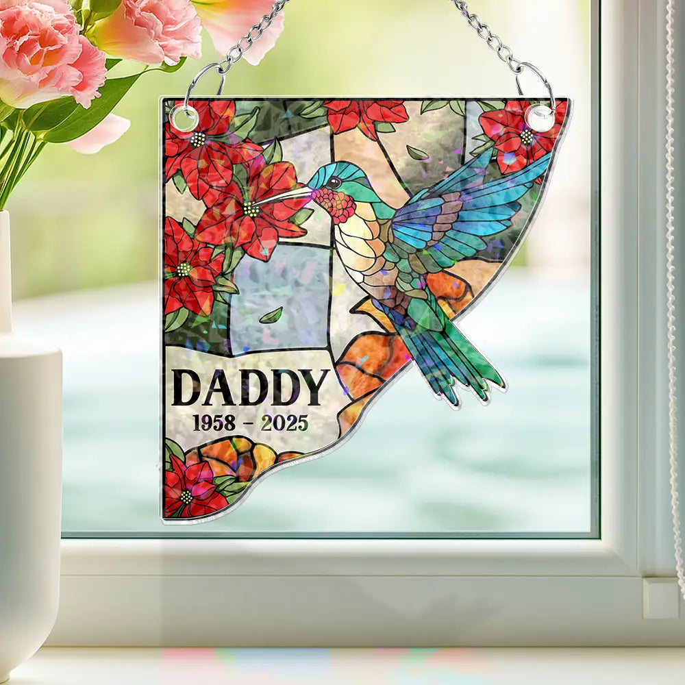 Sad, Memorial, Family, Parents, Gift For Grandparents, Gift For Sibling - Memorial Bird Family Dad Mom - Personalized Window Corner Suncatcher
