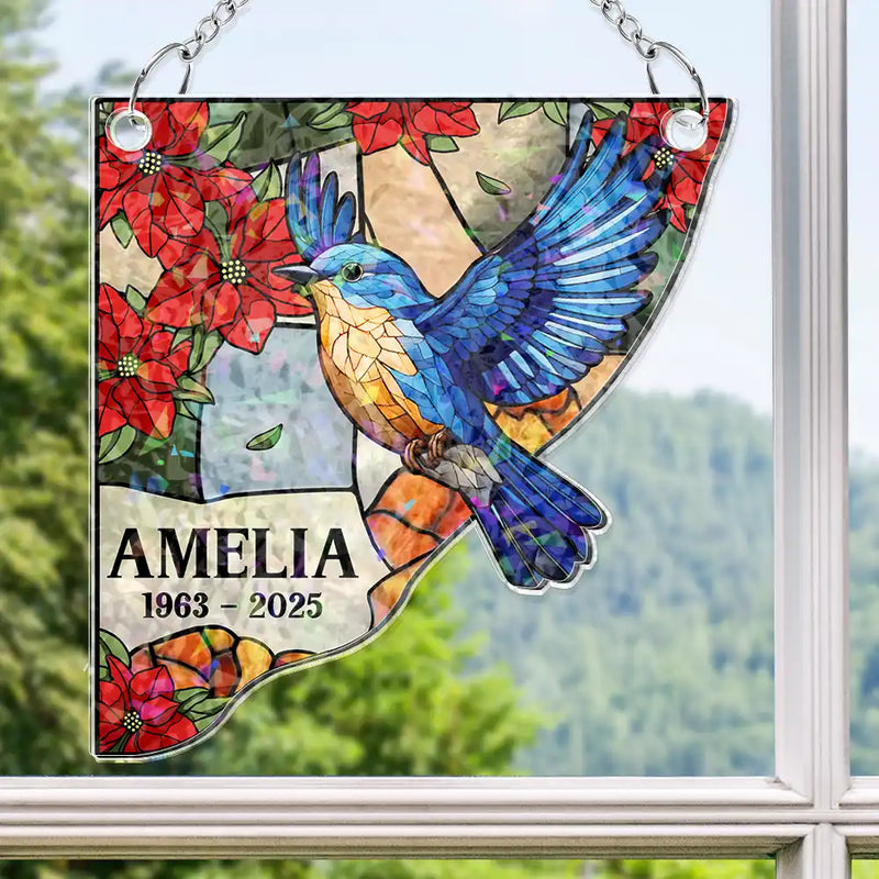Sad, Memorial, Family, Parents, Gift For Grandparents, Gift For Sibling - Memorial Bird Family Dad Mom - Personalized Window Corner Suncatcher