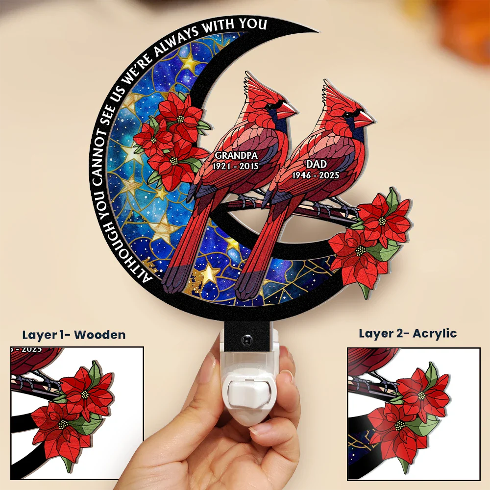 Memorial, Gift For Yourself, Gift For Women, Gift For Men, Sad - Memorial Cardinal On The Moon - Personalized Plug-in Night Light